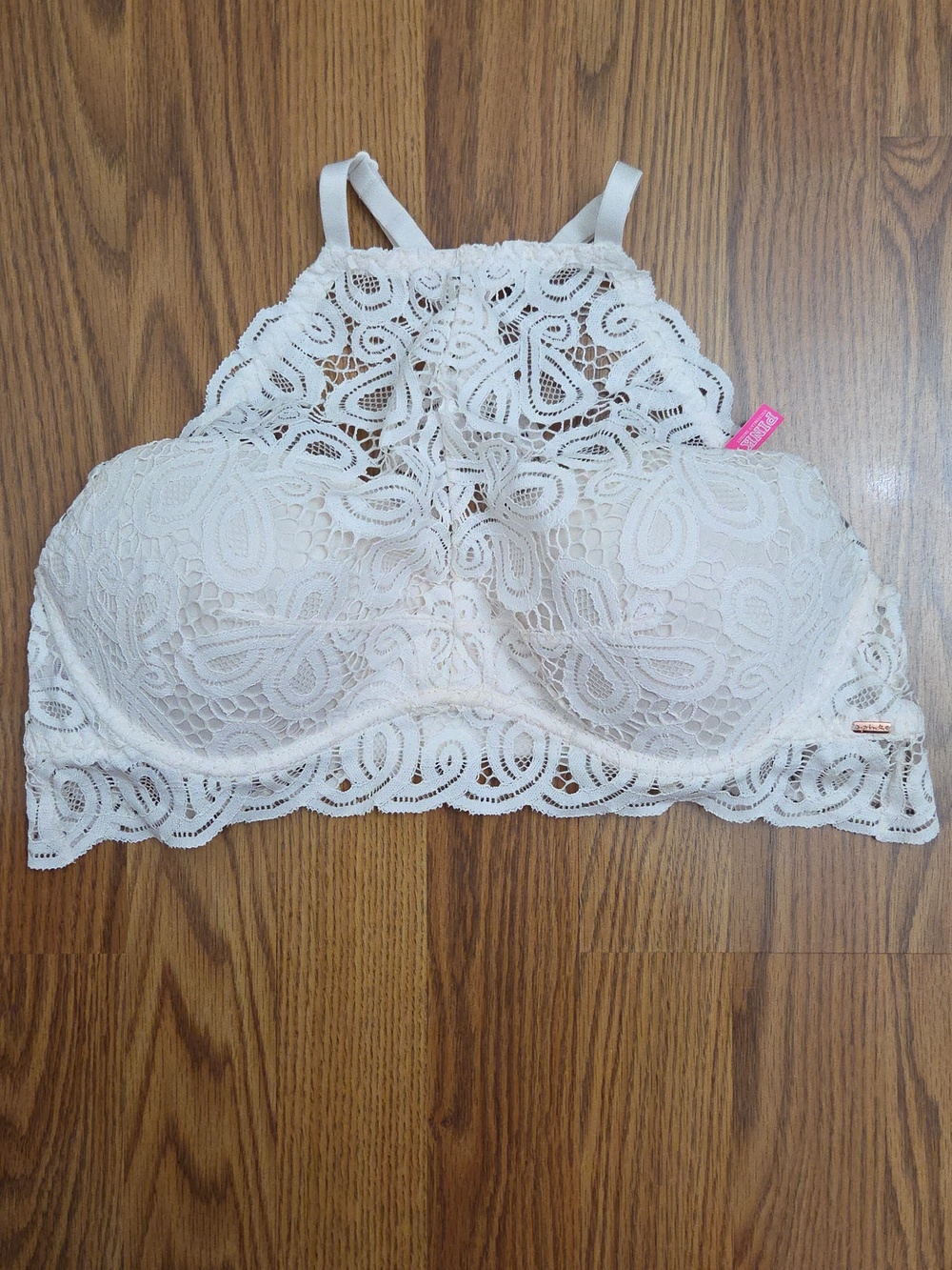 Victoria's Secret PINK Floral Lace High-Neck Halter Push-Up Bralette Coconut/ XL